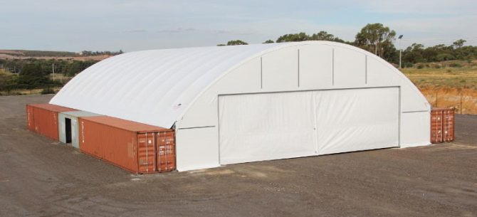 DomeShelter™ Container Mounted Fabric Shelters example on the field