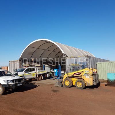 DomeShelter™ Container Mounted model used as Light Vehicle Workshop in Karara Open Pit Mine.