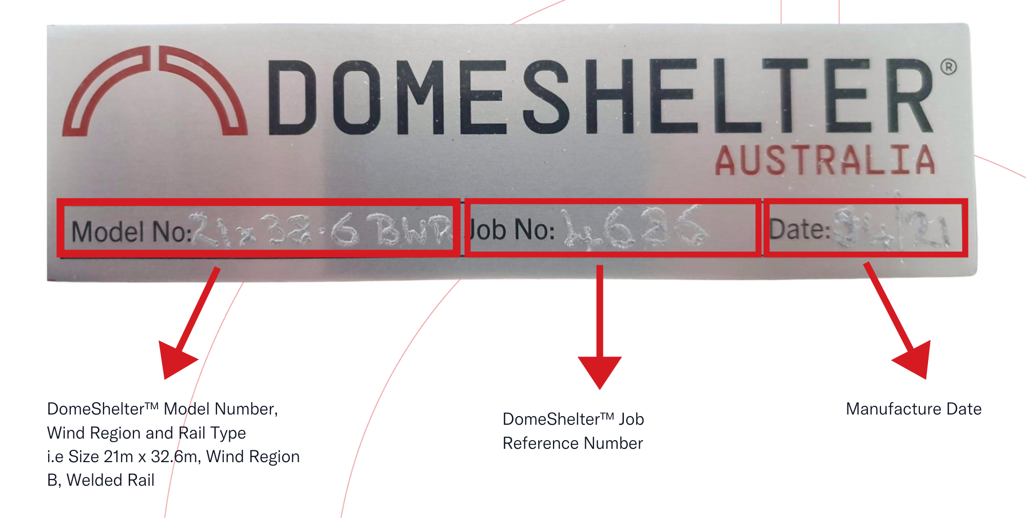 ID plate for DomeShelter™ Structure with job information