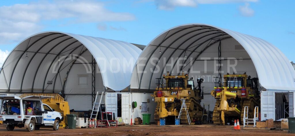fabric container shelter dual bay workshop dozer