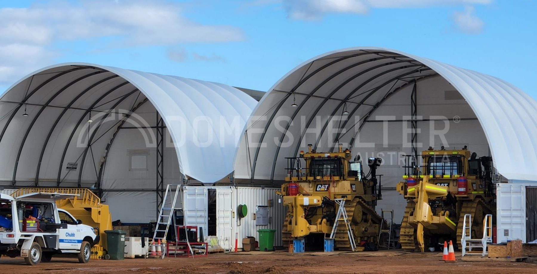 fabric container shelter dual bay workshop dozer