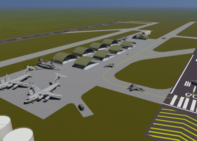 Artist impression of Airforce Runway with multiple Shipping Container Shelters