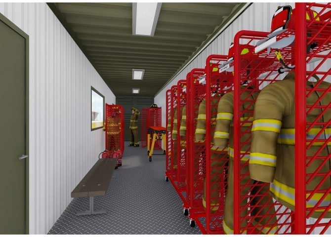 Fire protection gear in a storage unit illustration